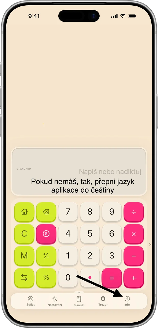 Kalkulačka DIGITCA, šipka míří na ⓘ v liště úplně vpravo dole.